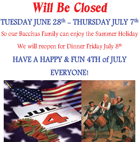 Bacchus House will be closed for Summer Holiday June 28 – July 7, 2016